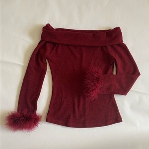 Deep red y2k top with feather sleeve cuffs